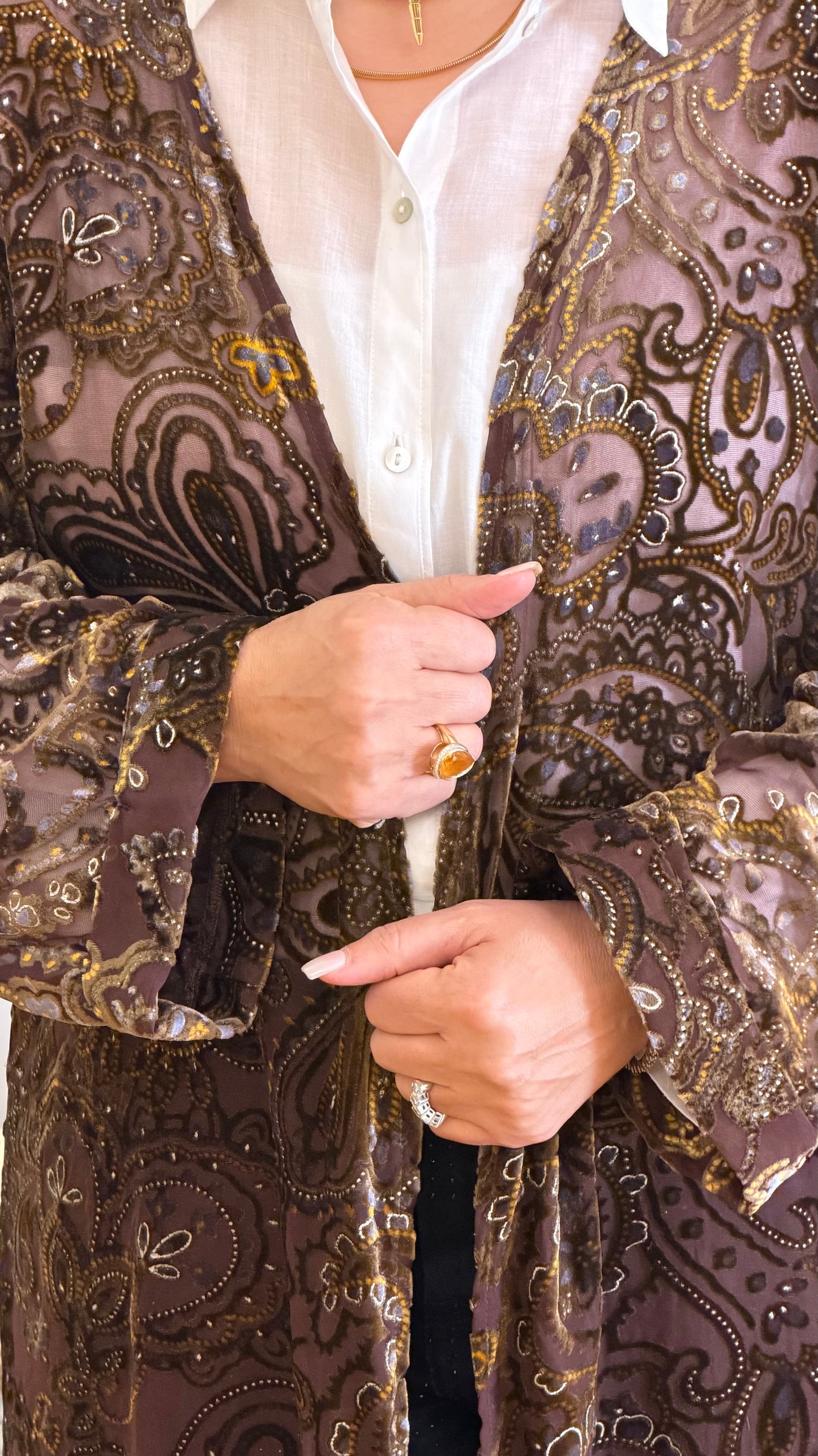 Women Brown Shadow Leaf Cardigan By Nous Sommes