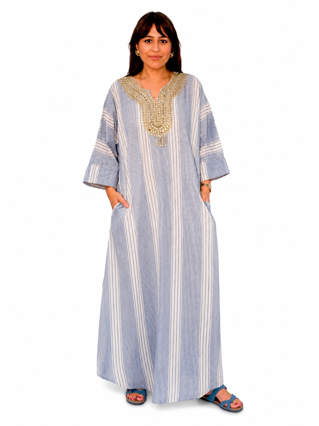 Zari Striped Dress – Sky Blue & Gold
