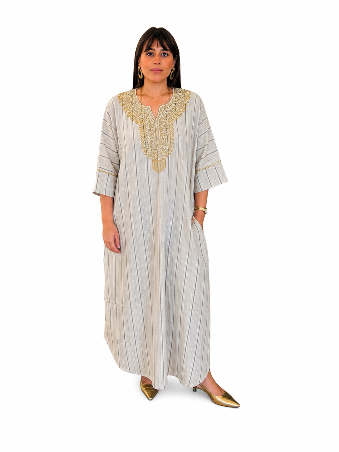 Zari Striped Dress – Gray & Gold
