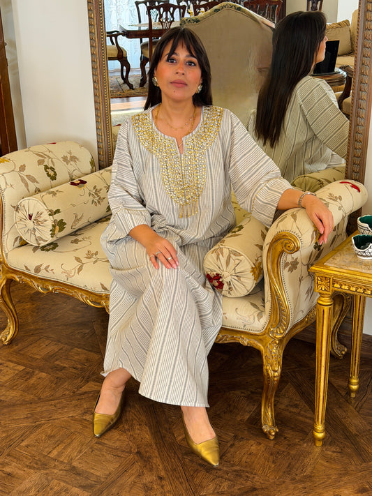 Zari Striped Dress – Gray & Gold