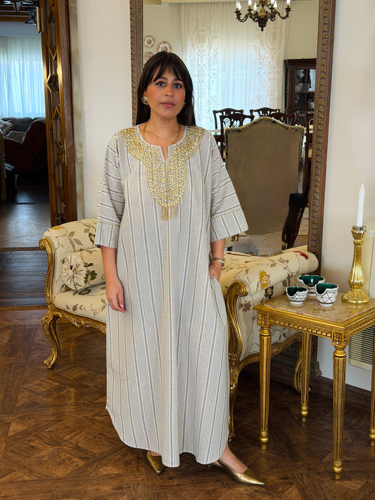 Zari Striped Dress – Gray & Gold