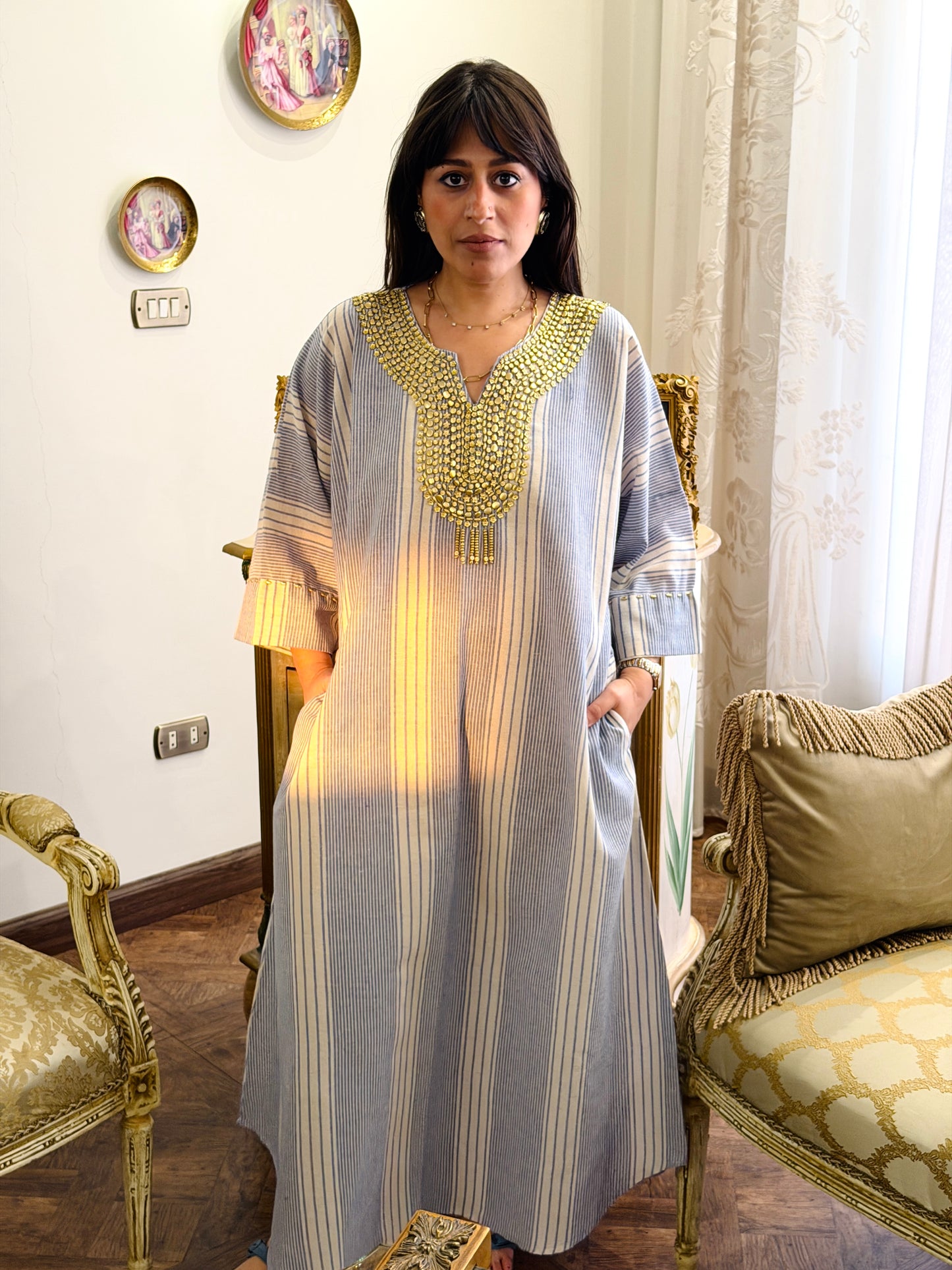Zari Striped Dress – Sky Blue & Gold