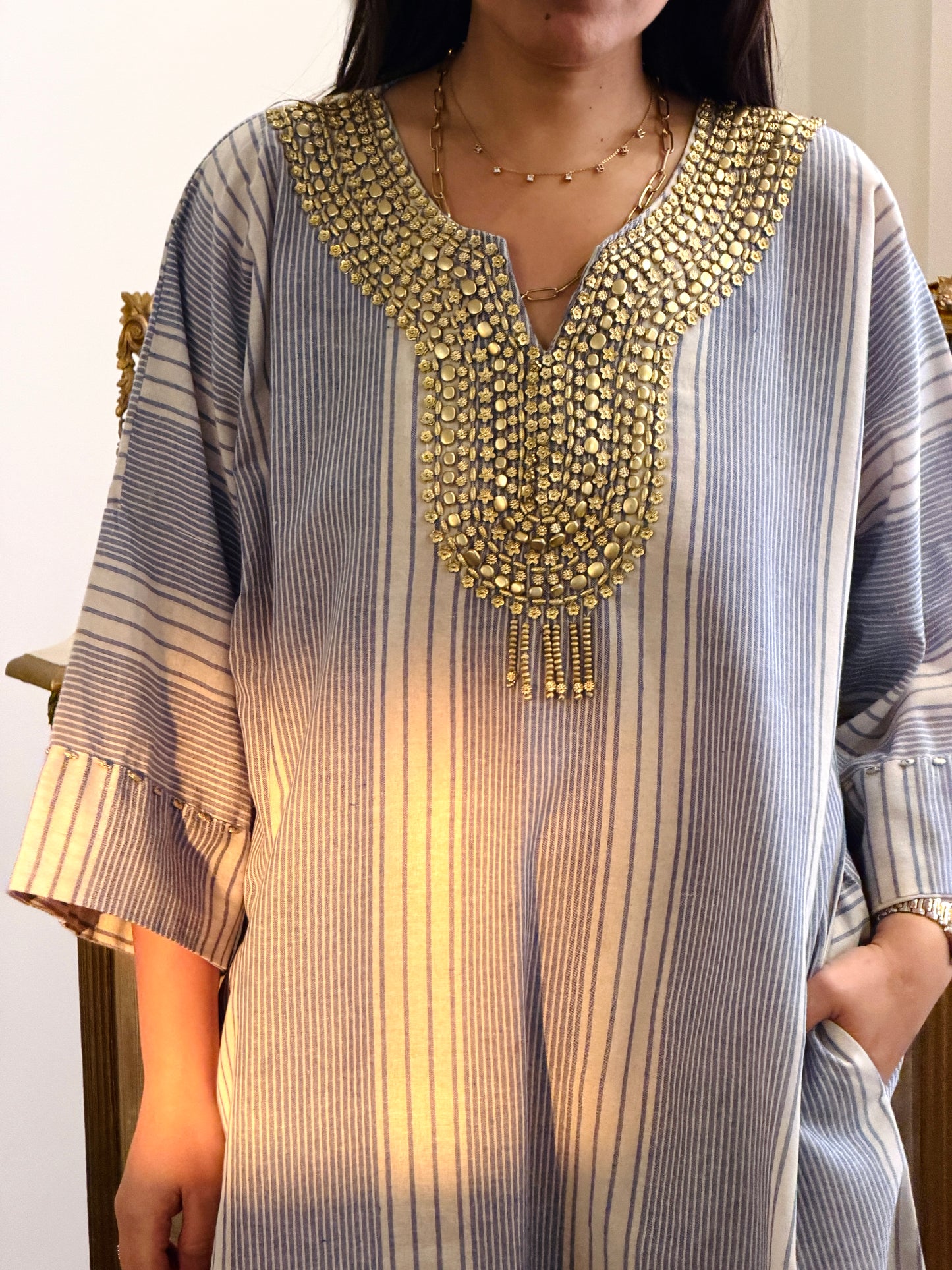 Zari Striped Dress – Sky Blue & Gold