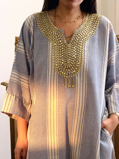 Zari Striped Dress – Sky Blue & Gold