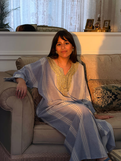 Zari Striped Dress – Sky Blue & Gold