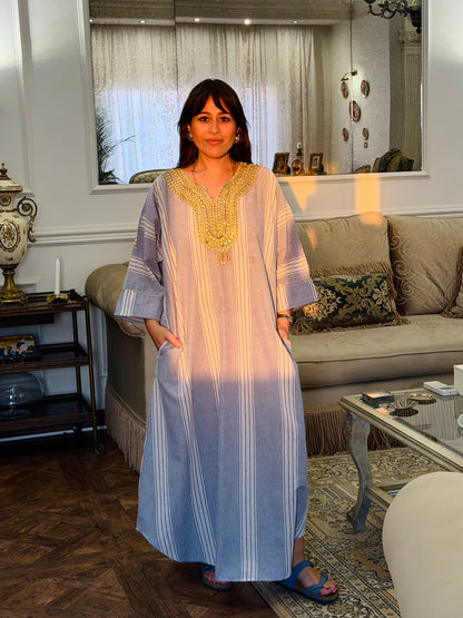 Zari Striped Dress – Sky Blue & Gold