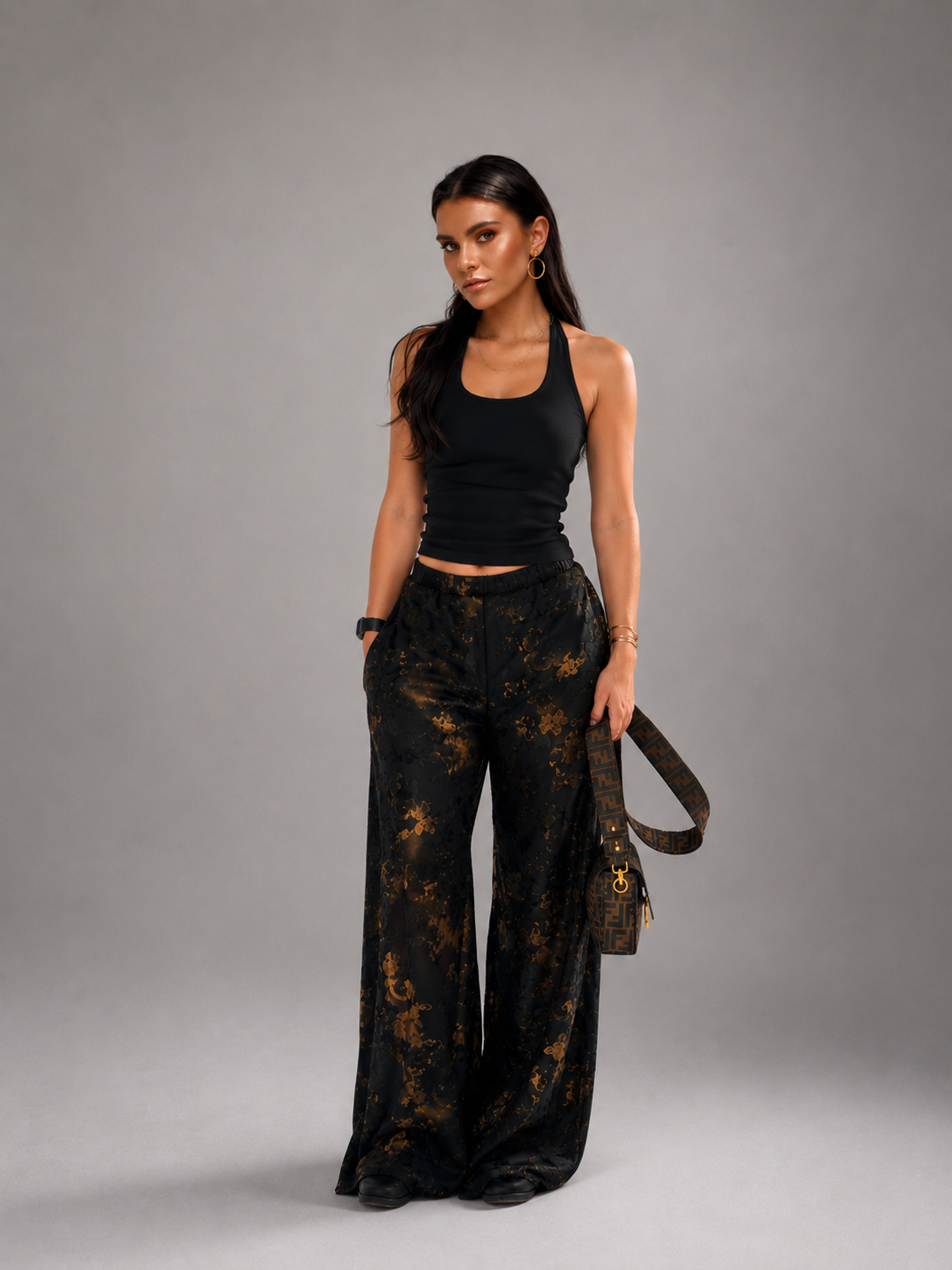 Zaria Wide-Leg Pants - Black & Gold