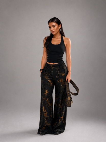 Zaria Wide-Leg Pants - Black & Gold