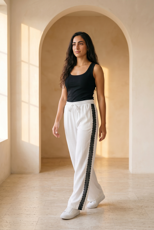 Celeste Lace-Trim Wide-Leg Trousers – White