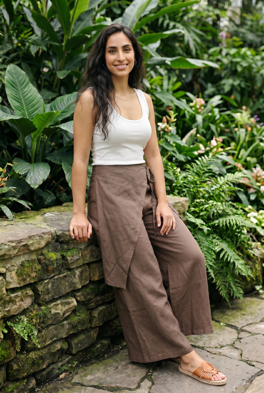 Rhea Linen Wrap Trousers – Brown