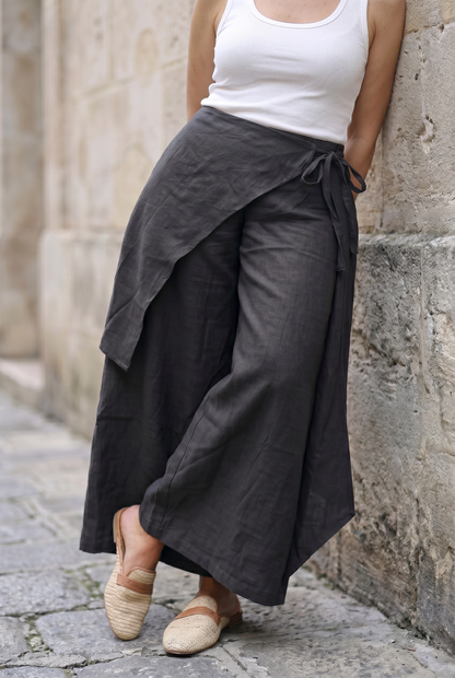 Rhea Linen Wrap – Pants – Black