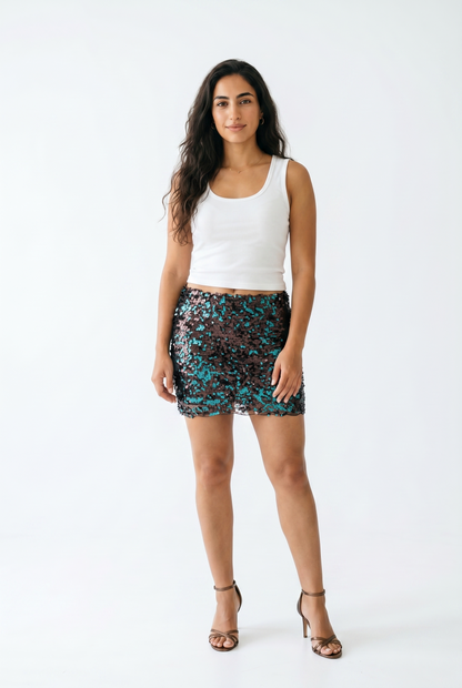 Nova Sequined Mini Skirt – Emerald & Bronze